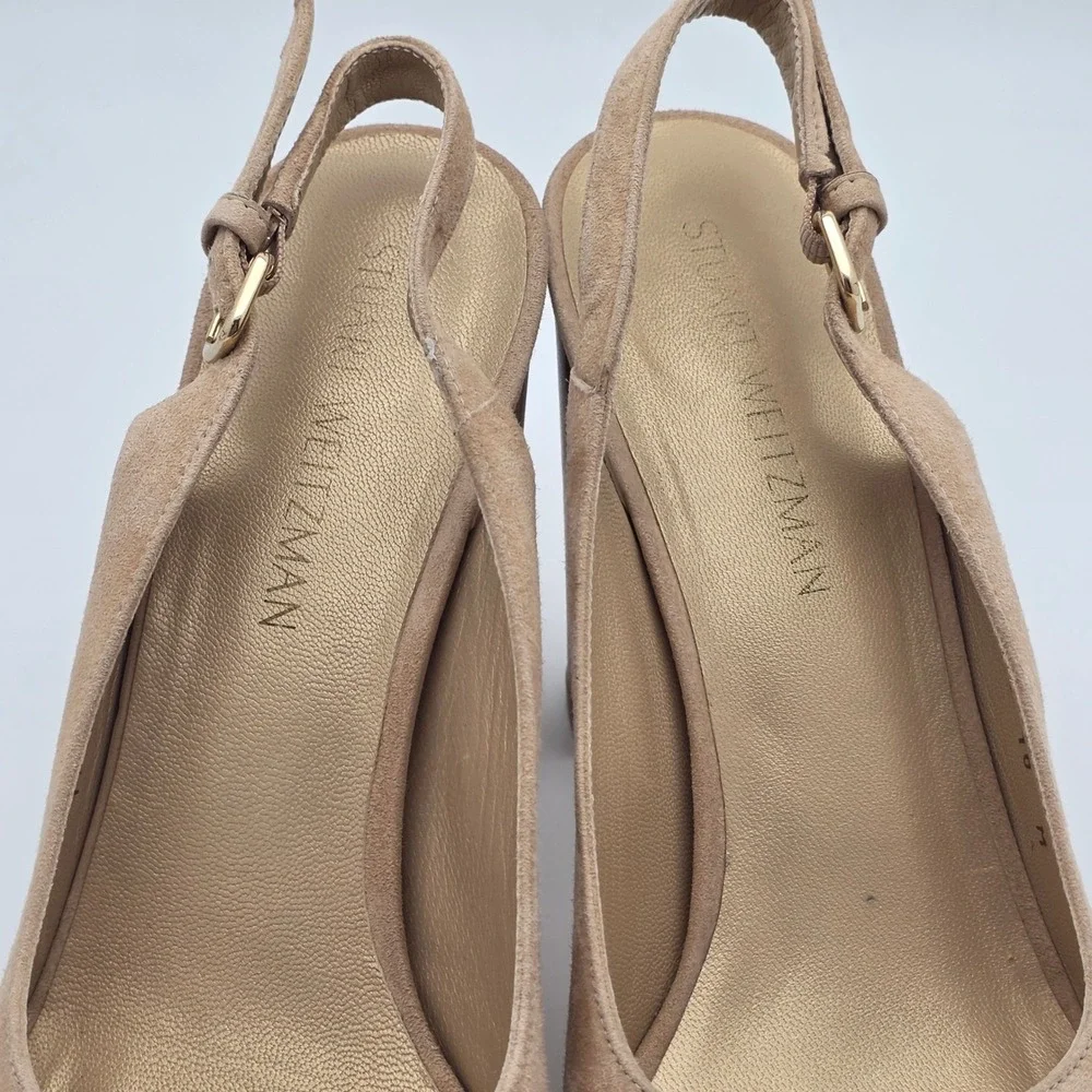 Stuart Weitzman Slingshot Block Heels Women 10 Tan Suede Platform‎ Wedding Guest